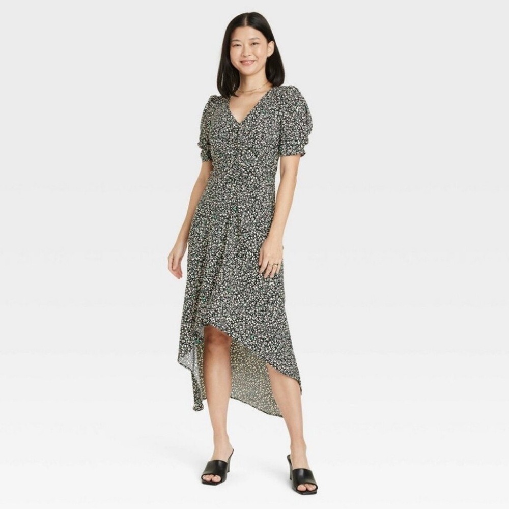A New Day Vintage Style High Low Midi Dress Black White Green Medium NWT
